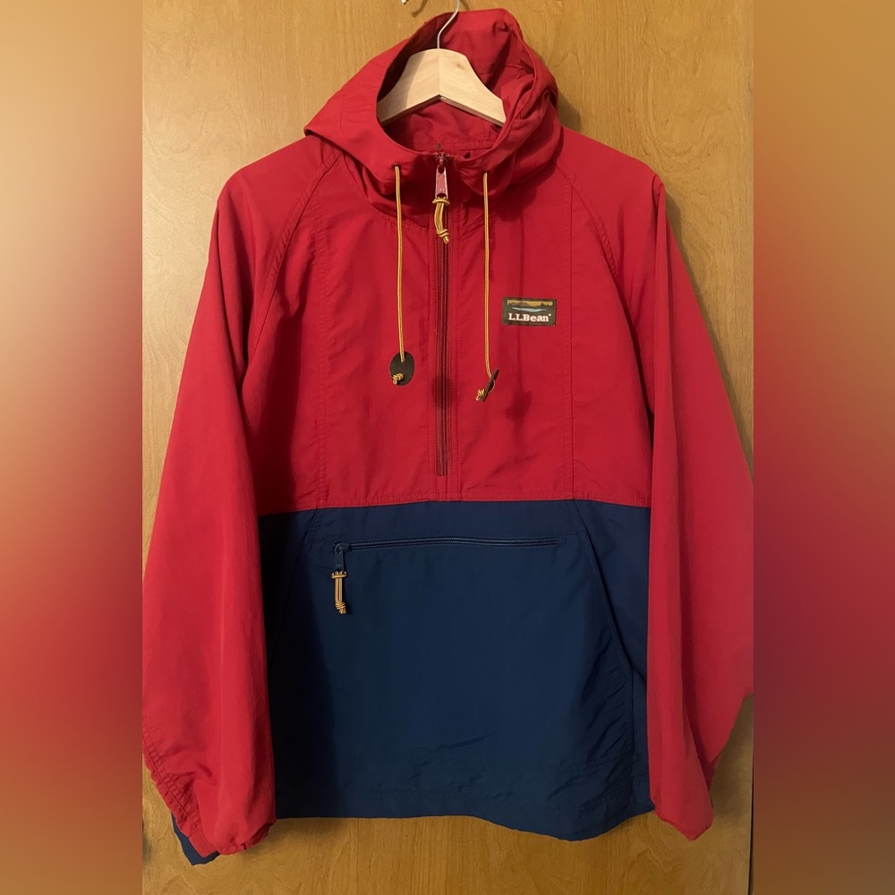 LL Bean Mountain Classic Anorak Women's Red/Blue Hooded 1/2 Zip Pullover Size LP